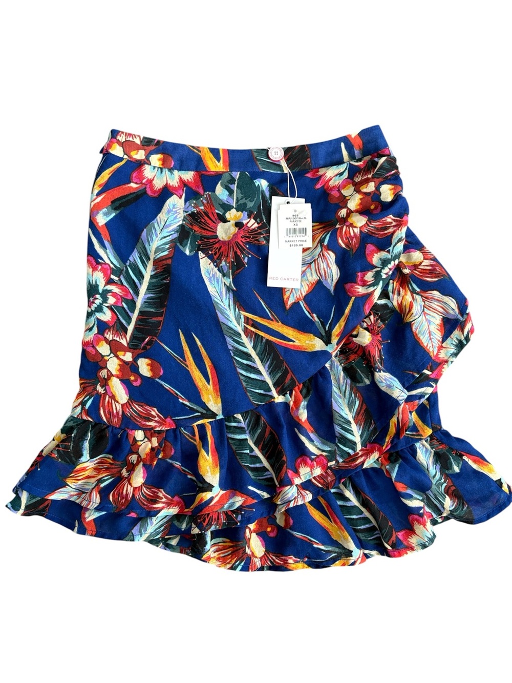 NWT Red Carter Paradise Blue Tropical Ruffle Novelty Print Boho Mini Skirt XS